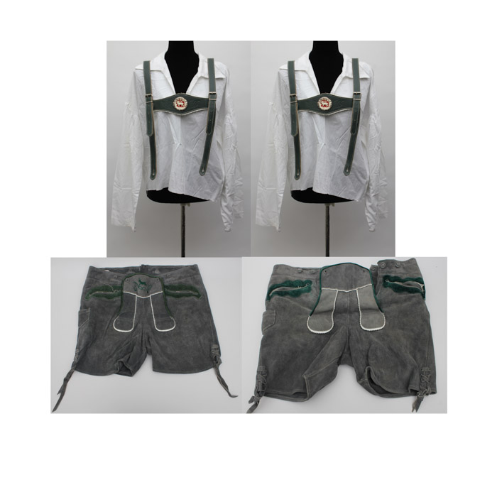 Collection of Custom-Made Suede Lederhosen with Matching Suspenders and Shirts for Clyde's Oktoberfest