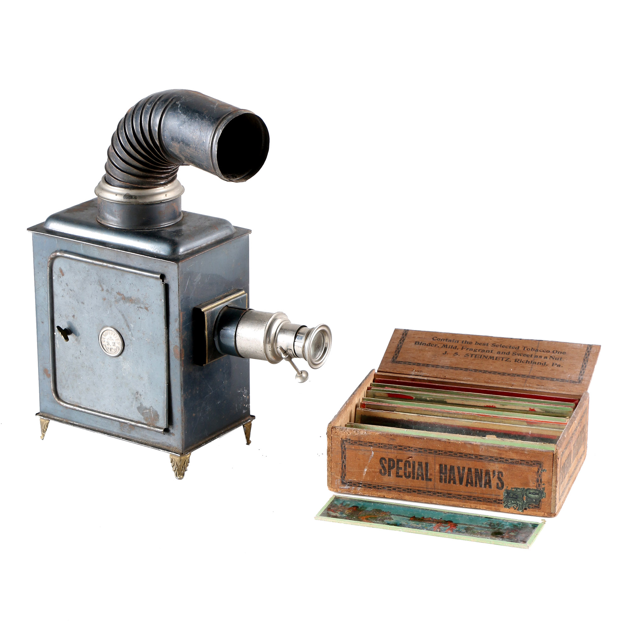Antique Candle-Operated Slide Projector With Slides