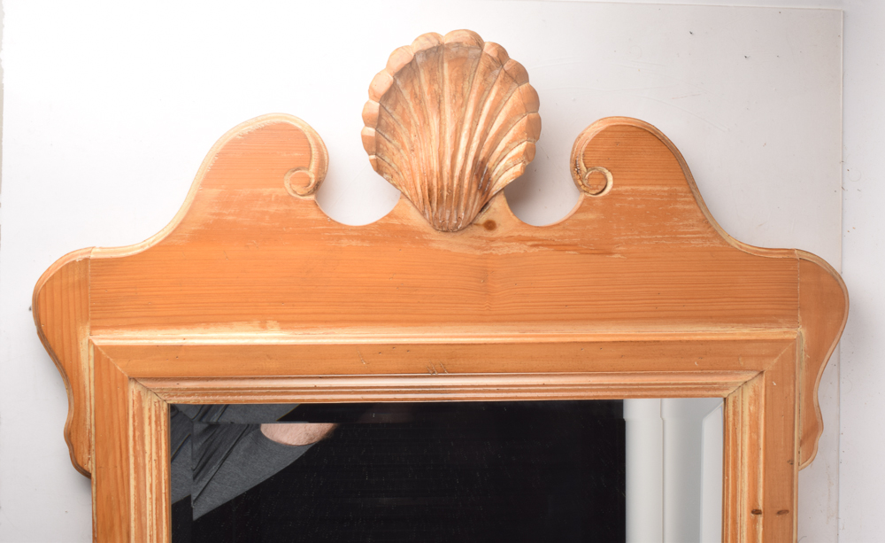 Pine Wall Mirror with Carved Shell Detail