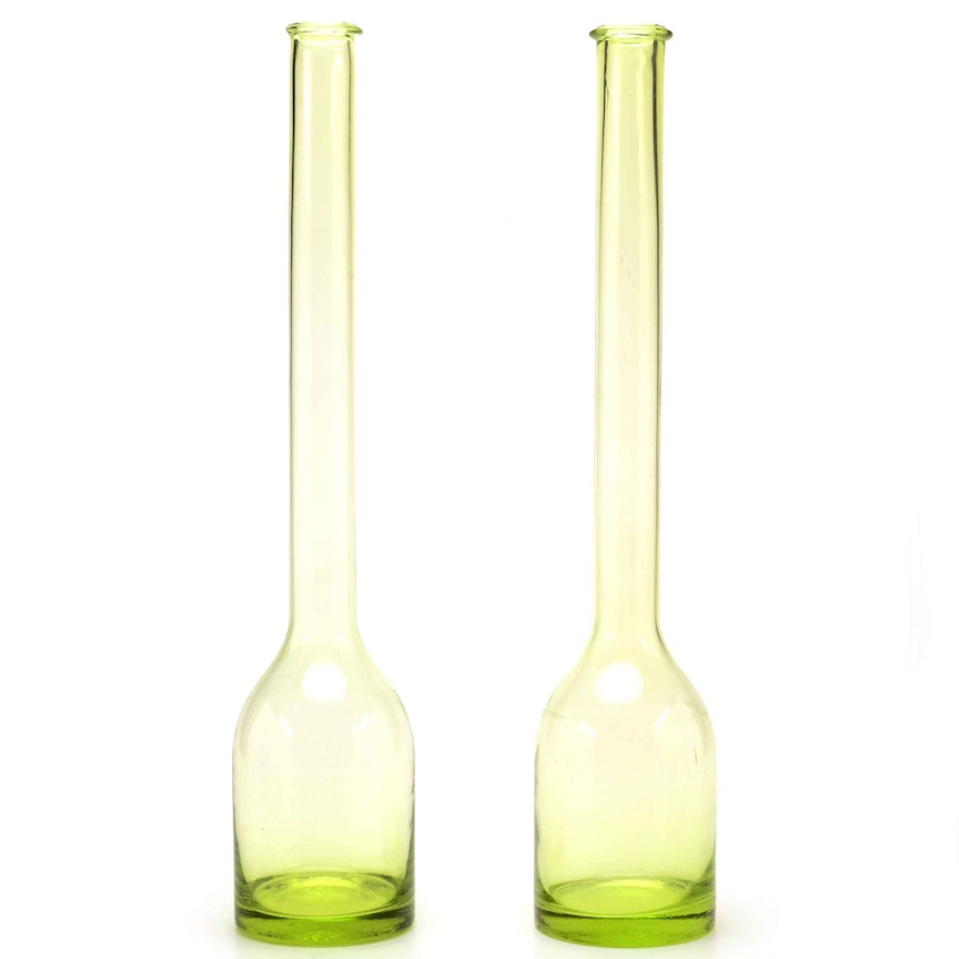 Pair of Mid Century Yellow Blown Glass Bottle Vases
