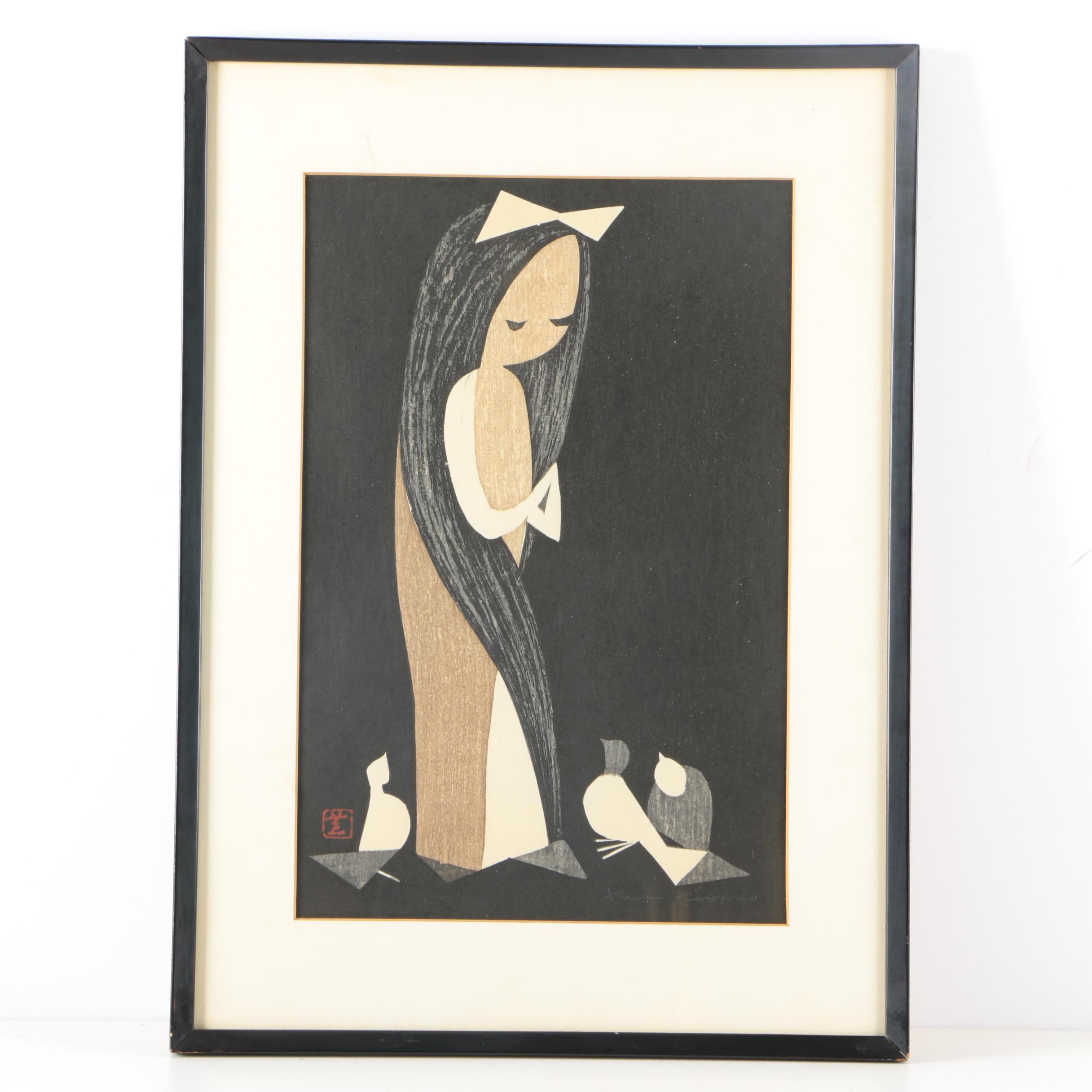 1950s Kaoru Kawano Woodblock "Doves And Girl"