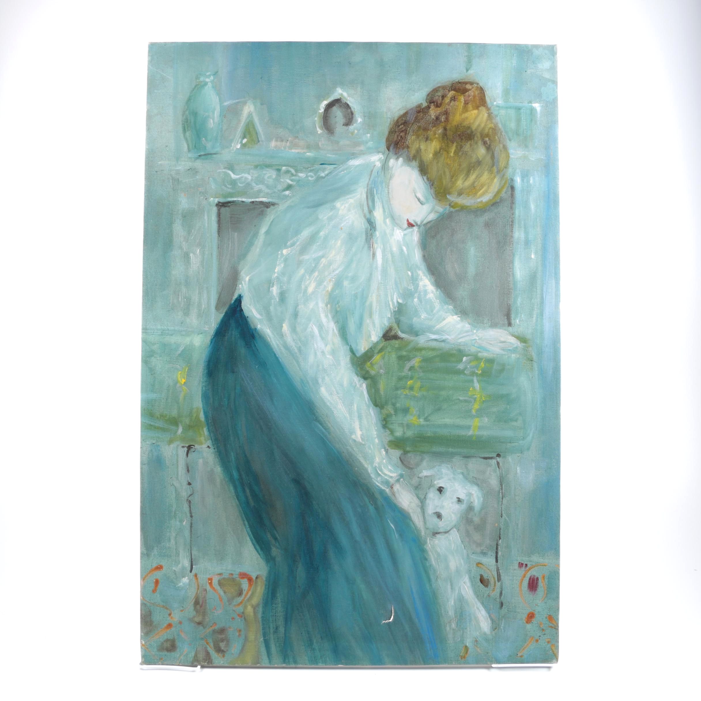 Oil Painting on Canvas of a Woman and Dog