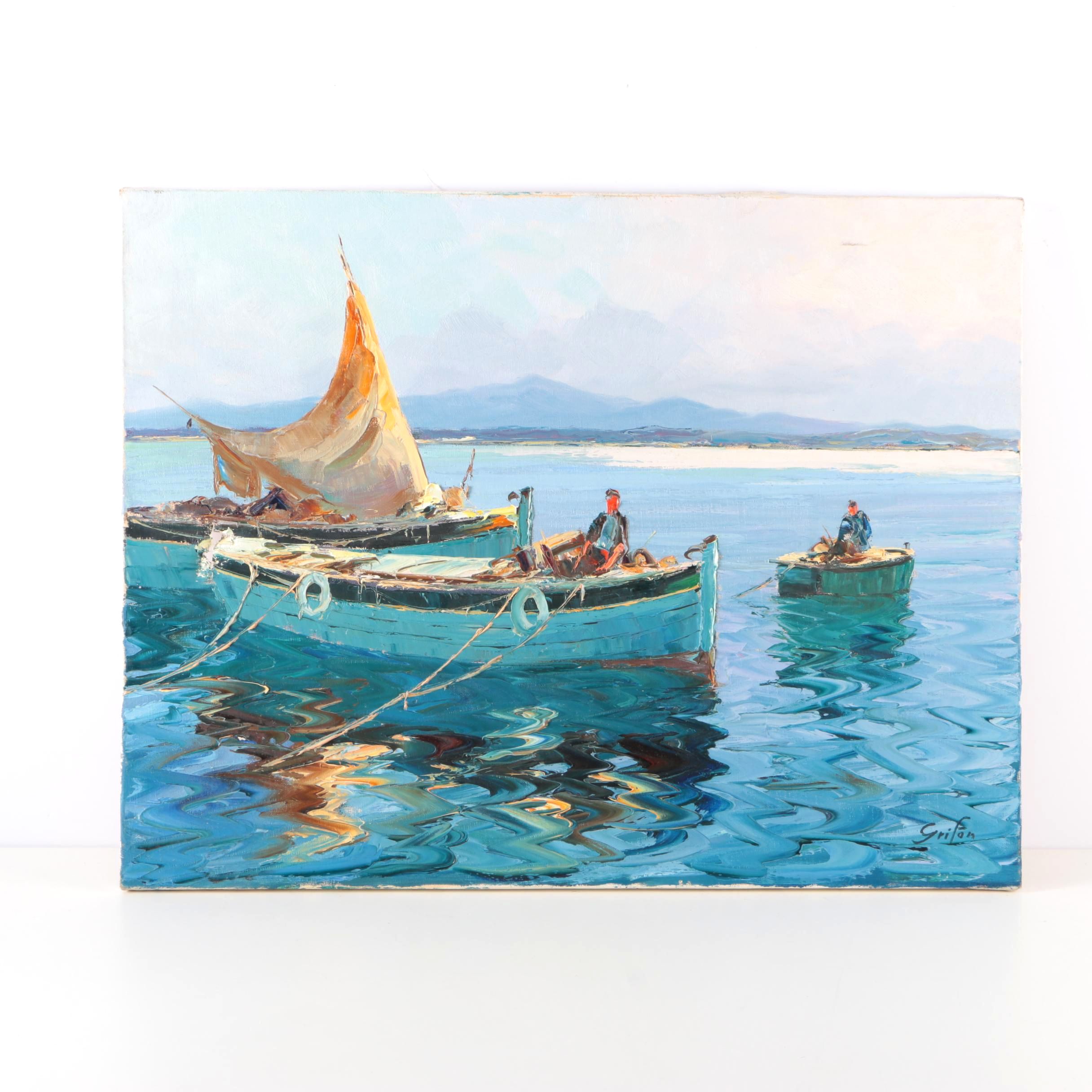 Albert Grifon Oil Painting on Canvas Impressionistic Seascape with Ships