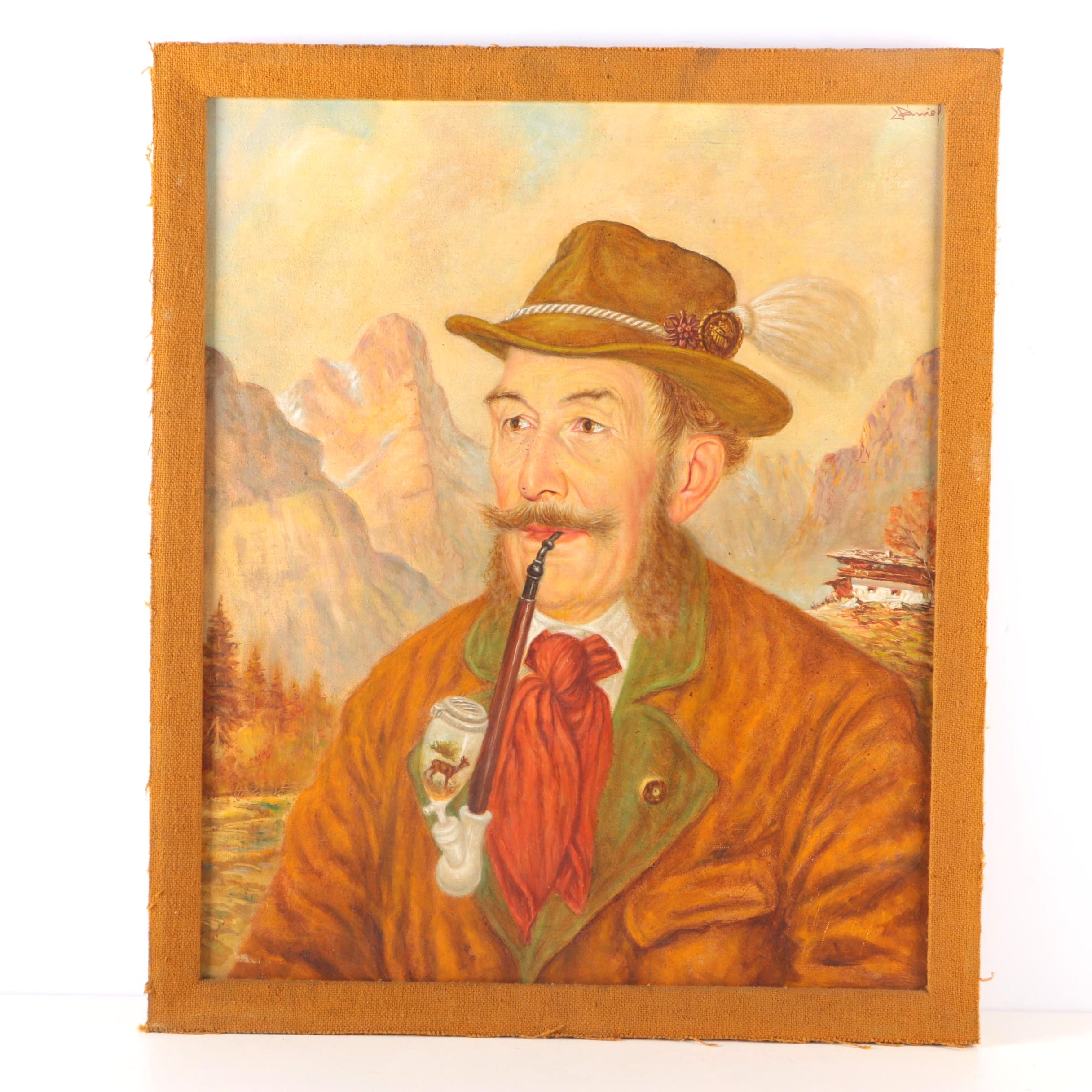Gyula Daniel Oil Portrait on Canvas of Man with a Pipe