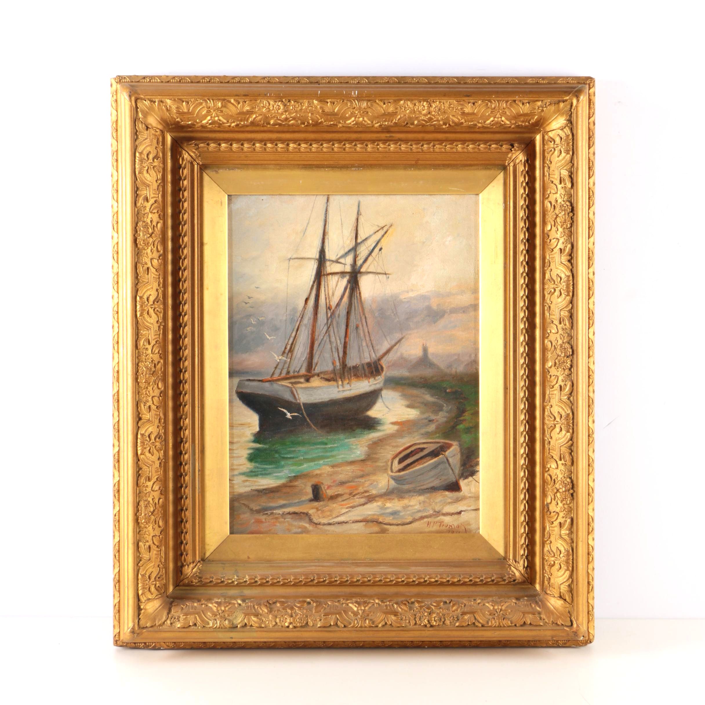 H. P. Truman Oil Painting on Canvas Board "Ship At Shore"