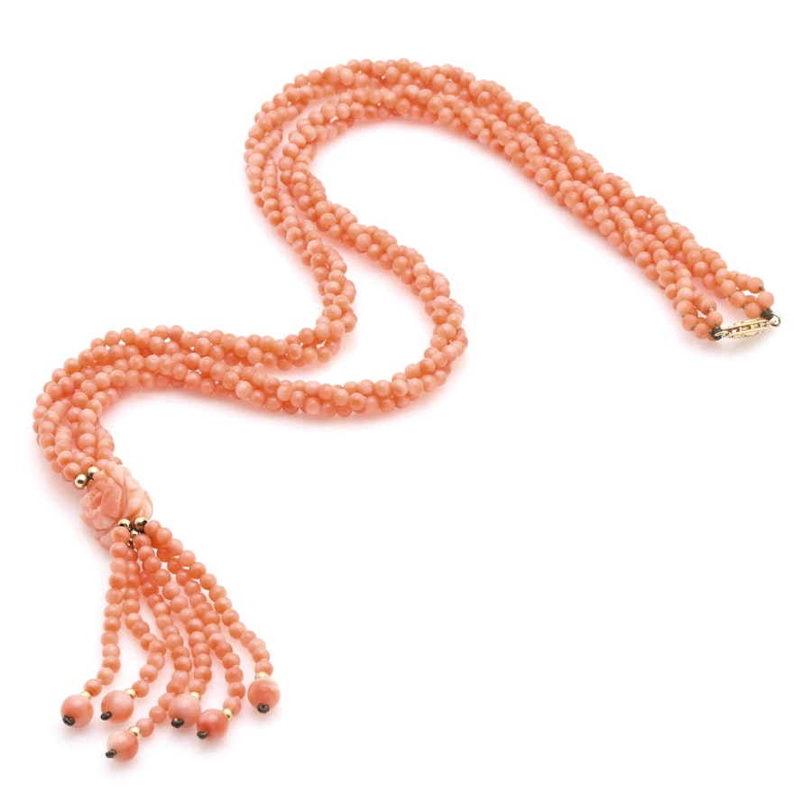 Beaded Coral Necklace with a 14K Yellow Gold Clasp