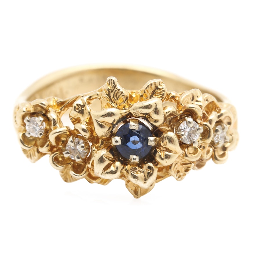 14K Yellow Gold Sapphire and Diamond Floral Ring