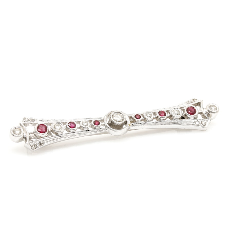 18K White Gold Diamond and Ruby Pin