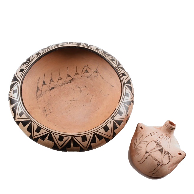 20th Century Santo Domingo Pottery Bowl and Canteen