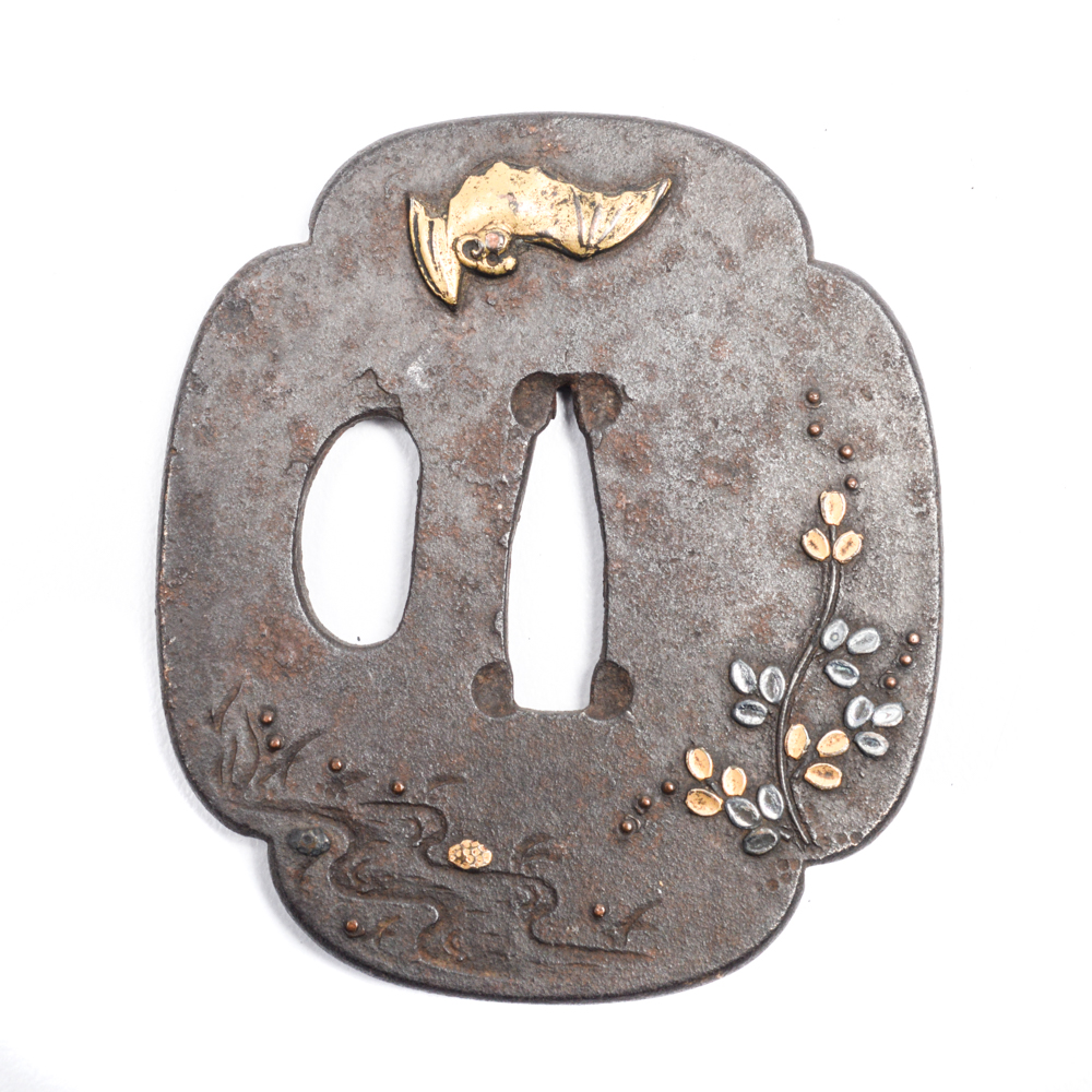 Antique Japanese Tsuba Sword Guard with Bat