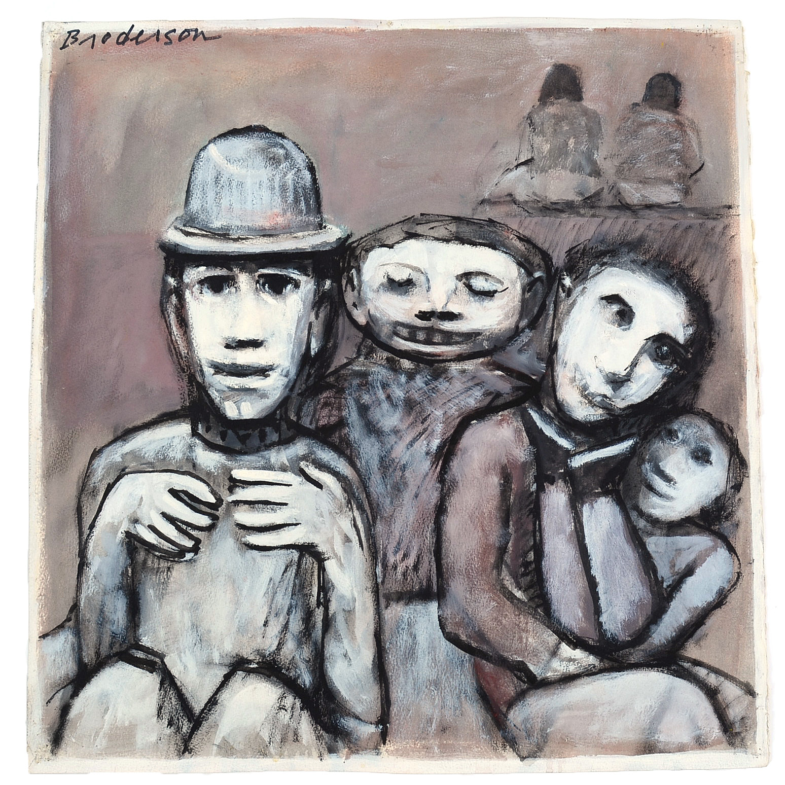 Robert Broderson Original Oil on Paper "Six Figures - Rose, Black & White"