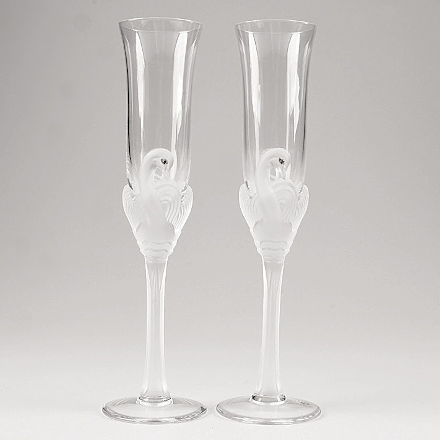 Jean Claude Frosted Swan Crystal Champagne Flutes