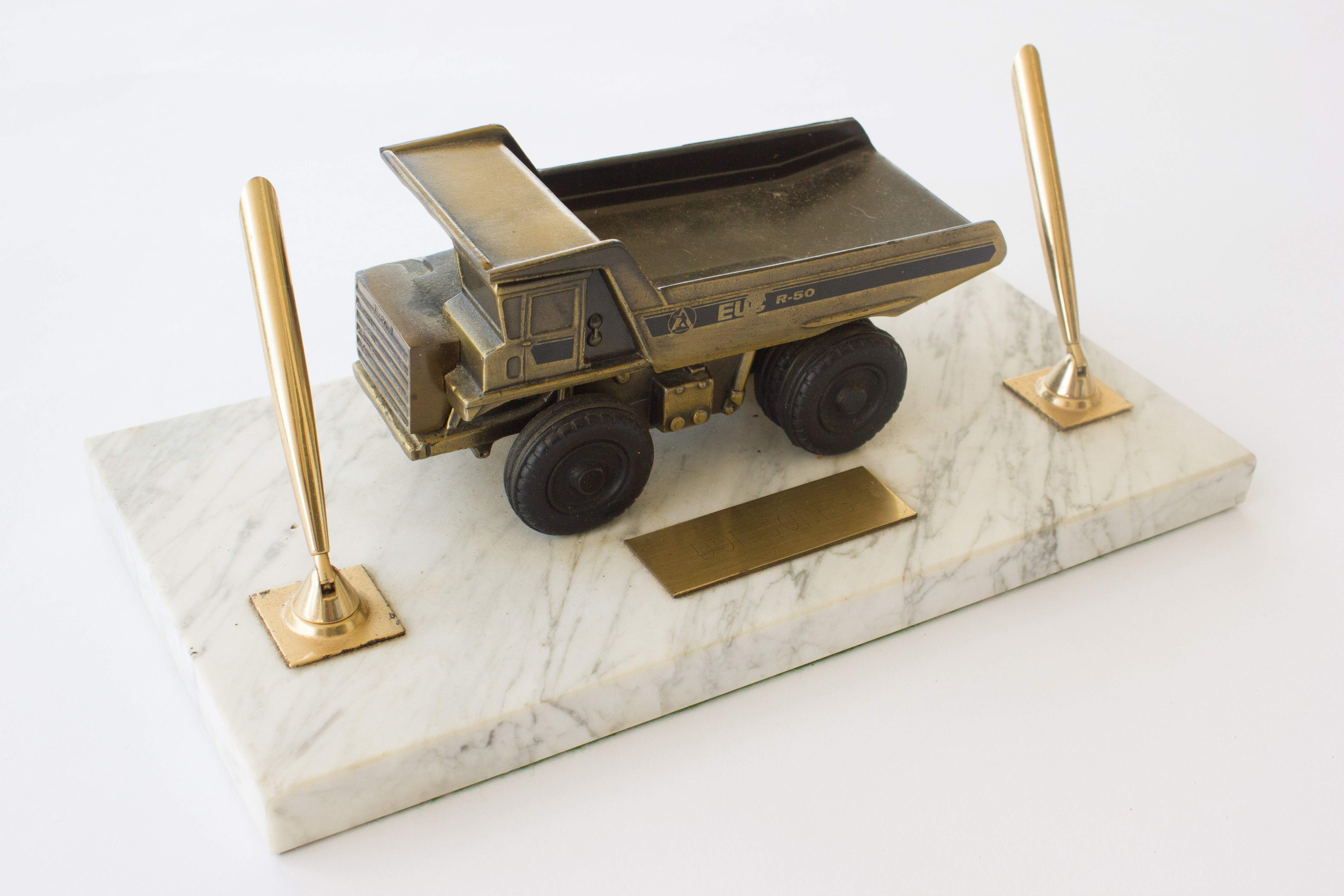 Double Pen Holder with Bronze Dump Truck on a Marble Base