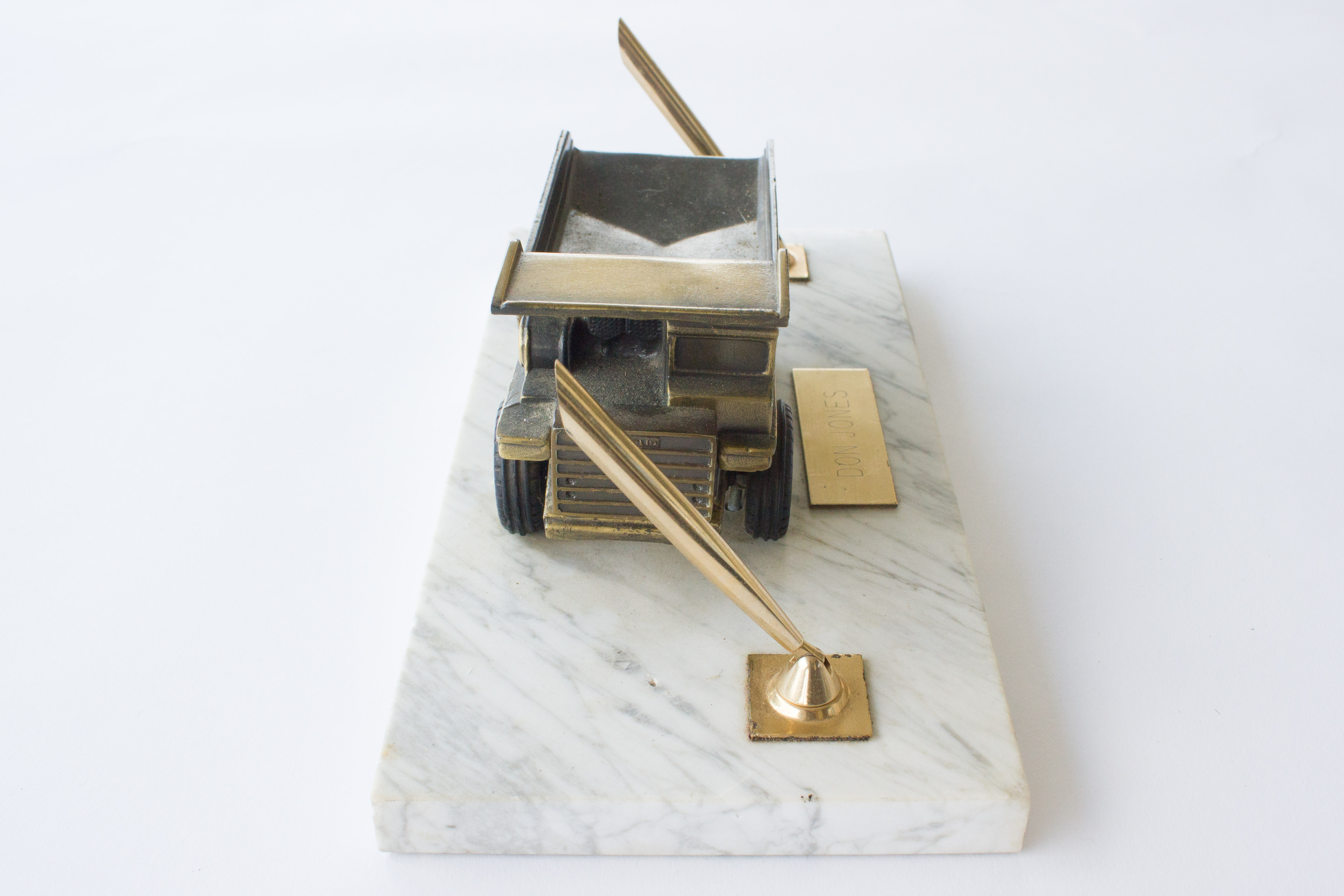 Double Pen Holder with Bronze Dump Truck on a Marble Base
