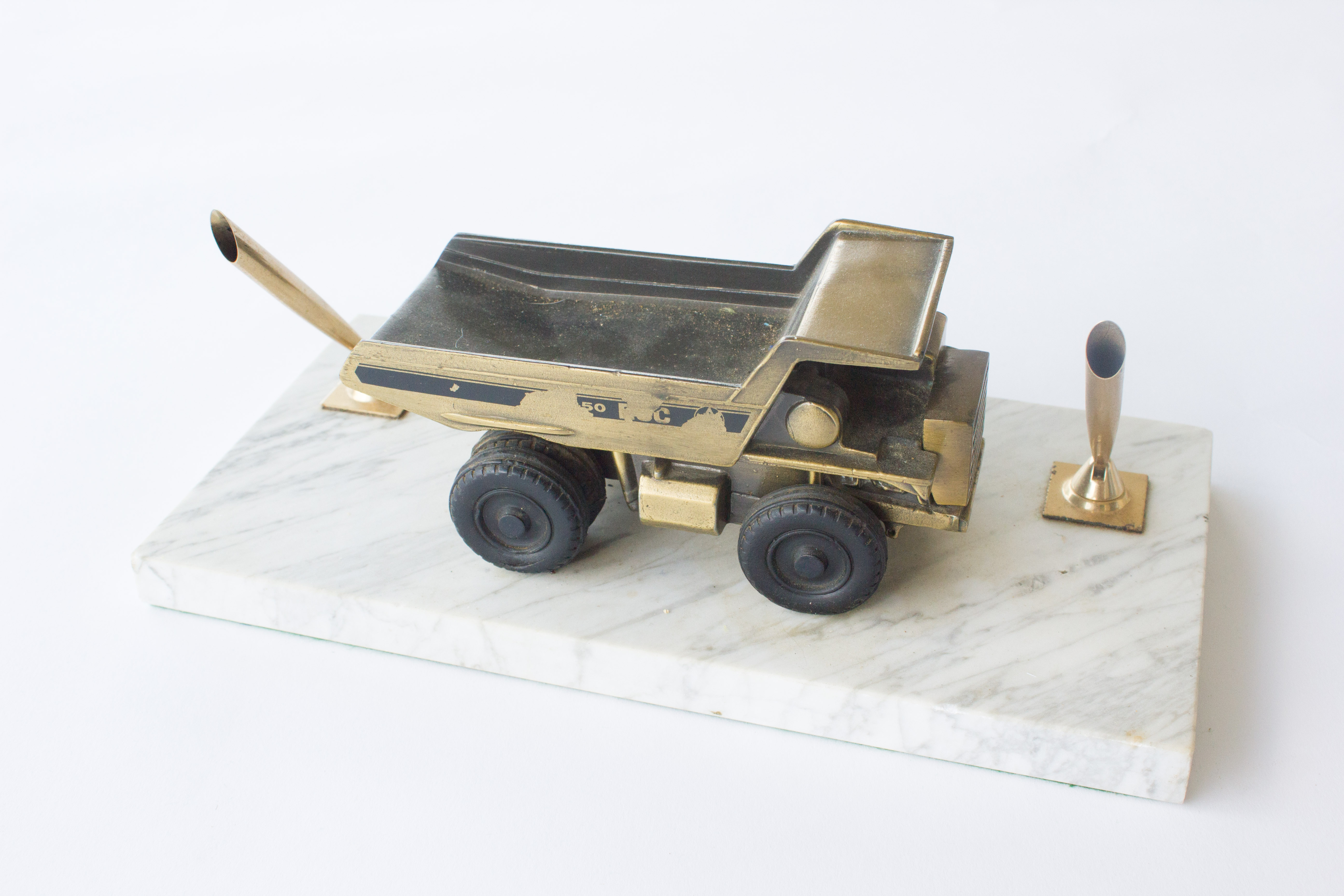 Double Pen Holder with Bronze Dump Truck on a Marble Base