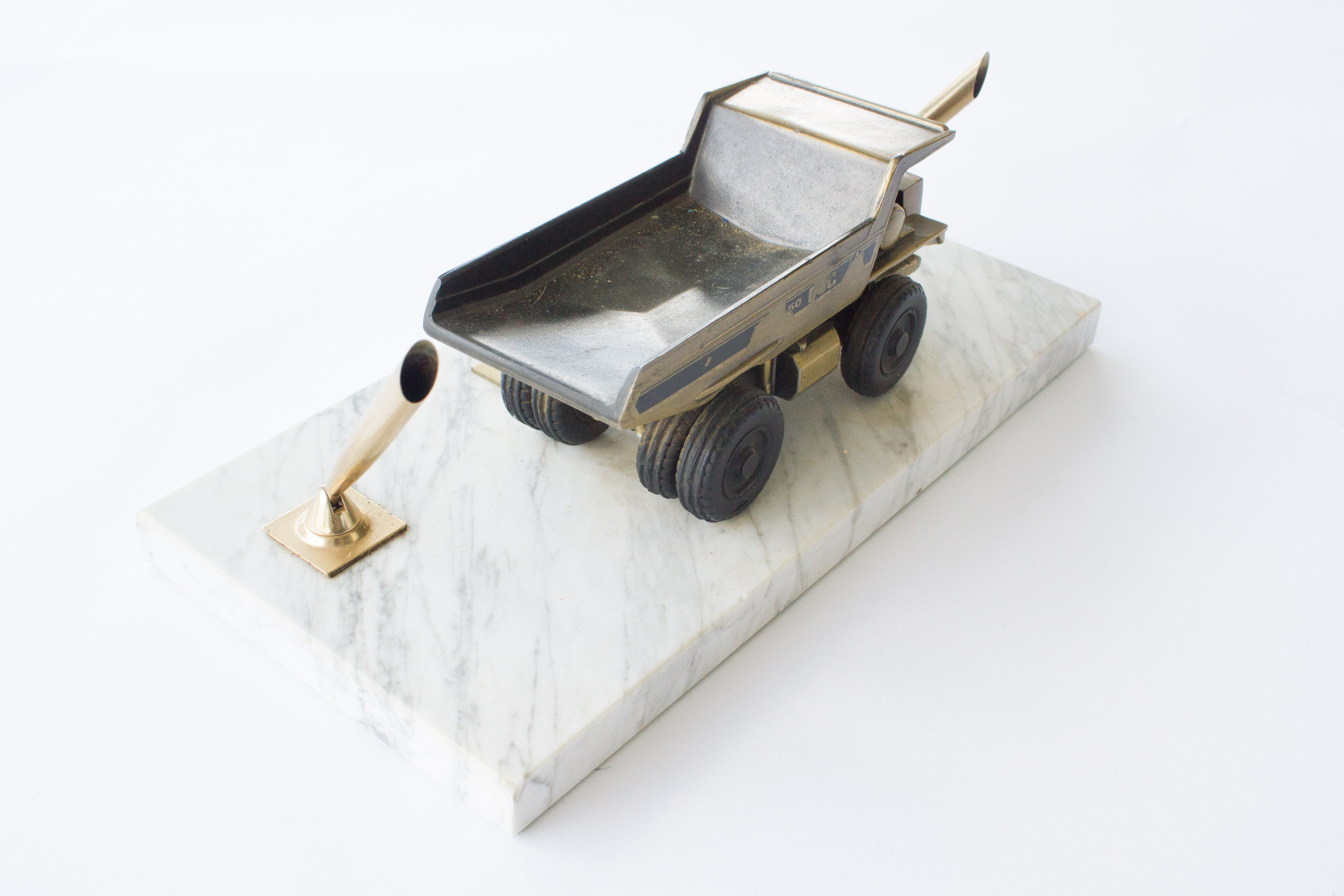 Double Pen Holder with Bronze Dump Truck on a Marble Base