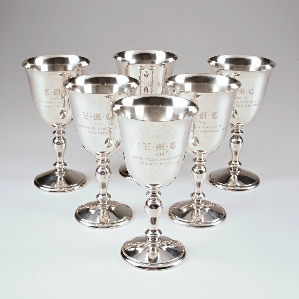 Six Cartier Sterling Silver Engraved Goblets