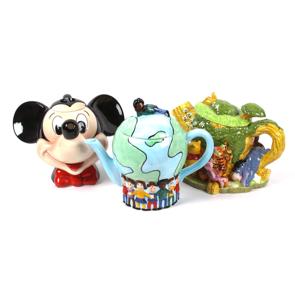 Group of Children's Ceramic Teapots Featuring Disney