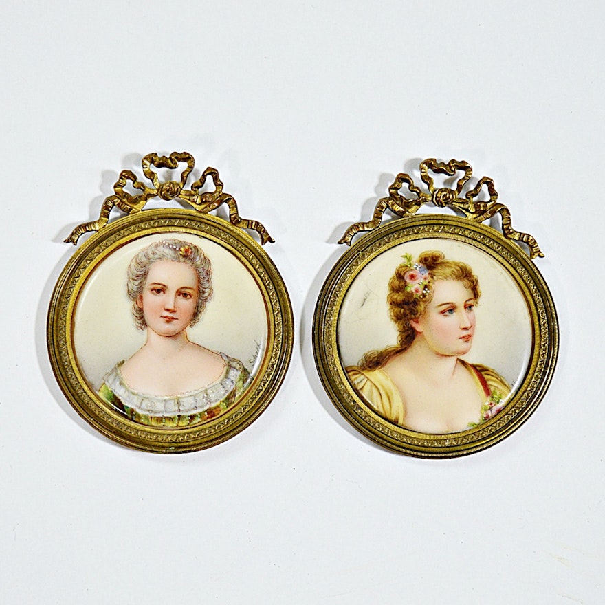 Pair of Antique Hand Painted Signed Portraits on Porcelain