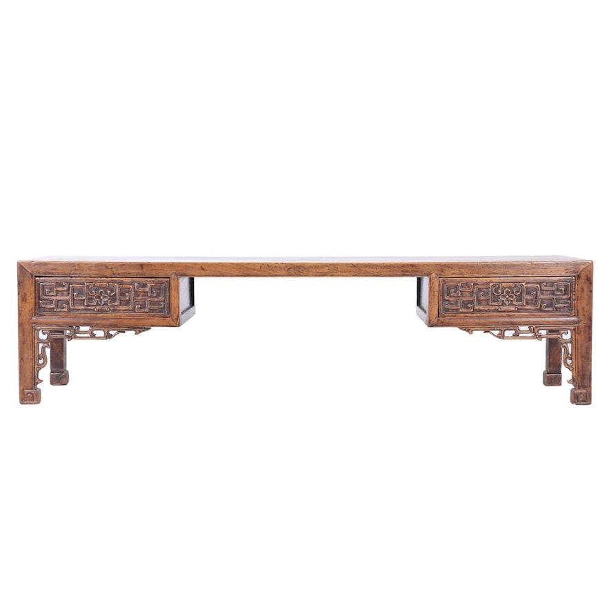 Antique Chinese Bench in Elm with Carved Apron