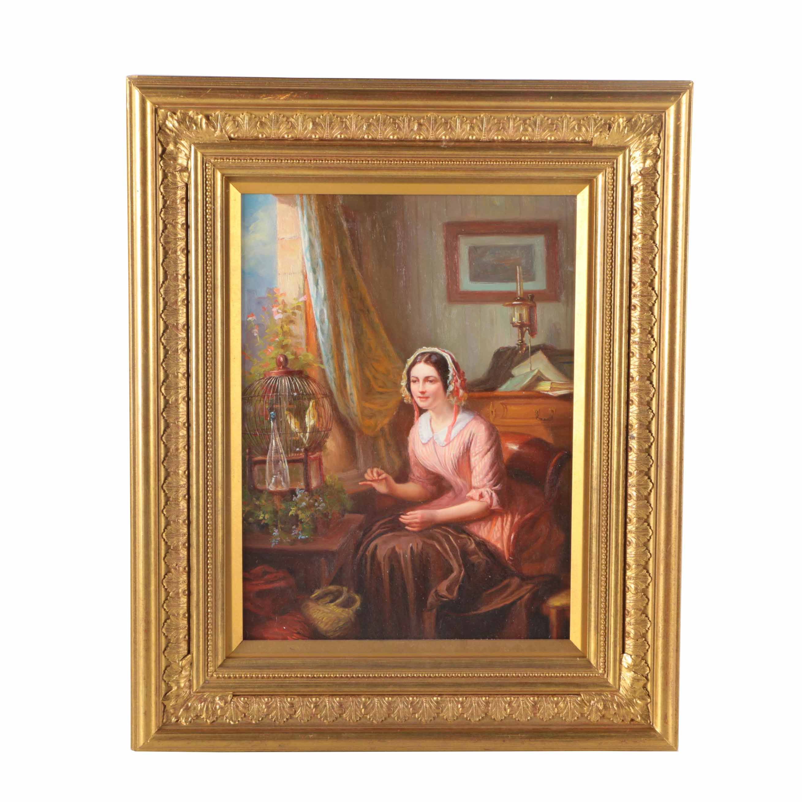 Oil on Panel "Lady Sewing" Interior Genre Scene