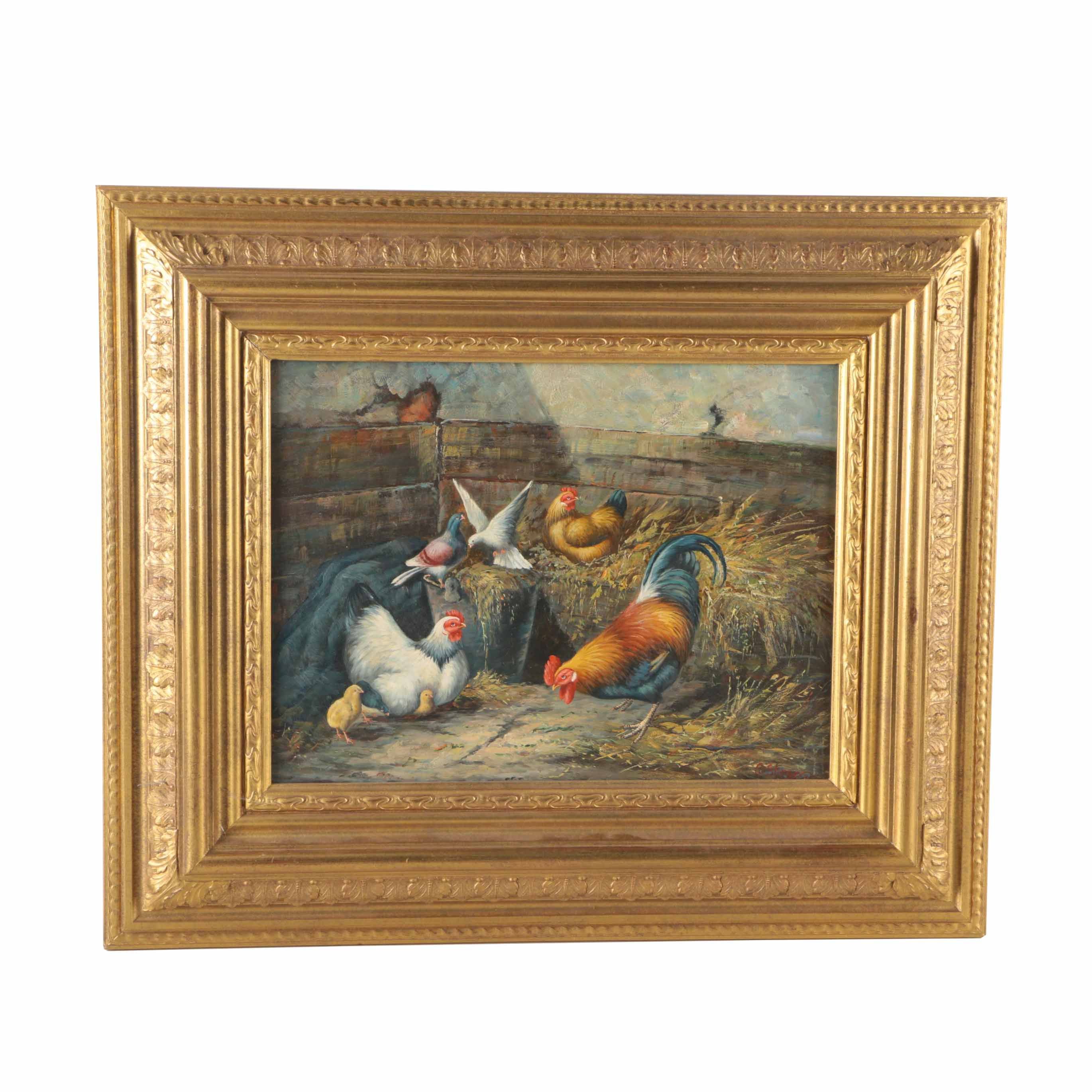 C. Shayer Original Oil Painting "Chickens And Rooster"