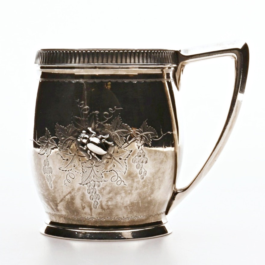 1880s Gorham Aesthetic Period Sterling Silver Mug with Beetle