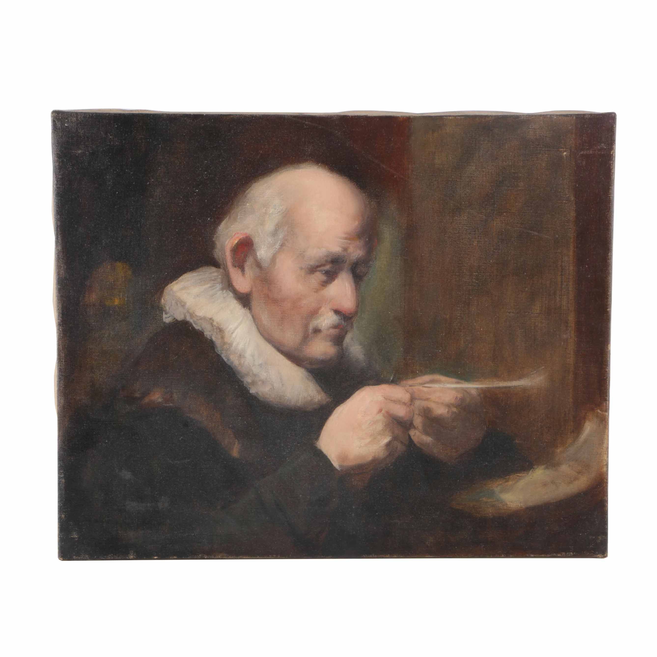Oil On Canvas Genre Painting of a Scholar with Quill