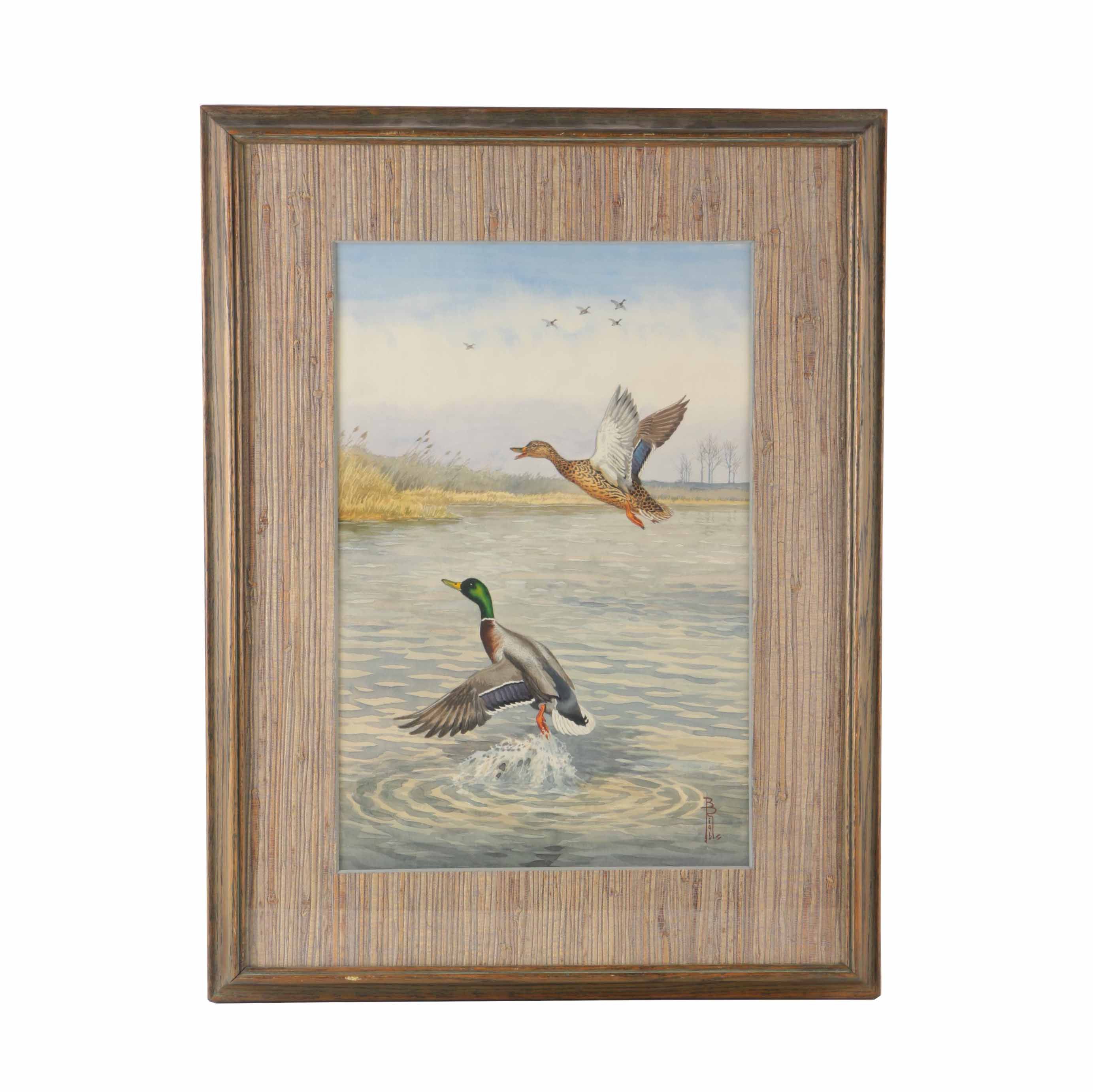Framed Sporting Watercolor of Ducks by Riab