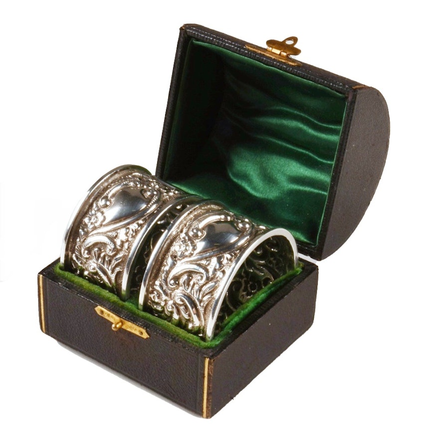Finely Hand Chased English 1895 Sterling Silver Napkin Rings