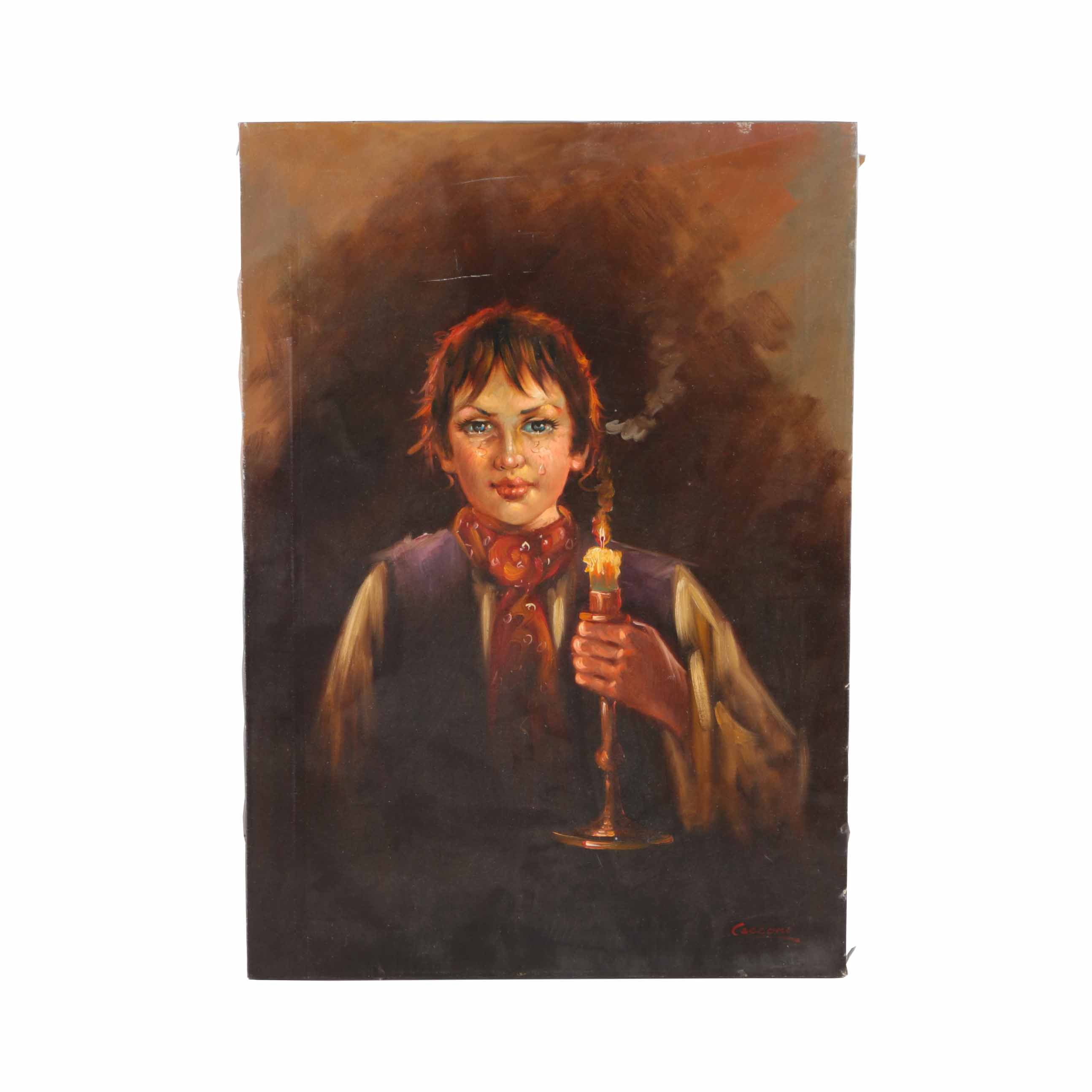 Cecconi "Boy with Candle' Oil Painting on Canvas