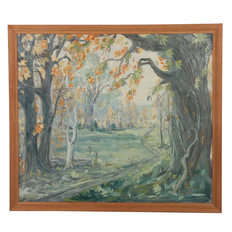 Large Oil Painting in Tonal Palette Illustrating Fall Landscape