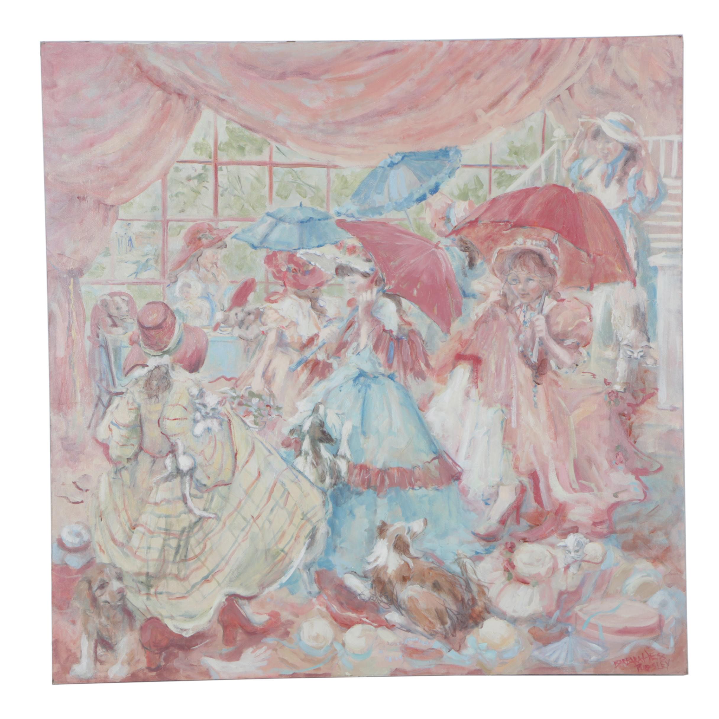 Barbara Hess Pugsley Oil On Canvas Women With Parasols and Dogs