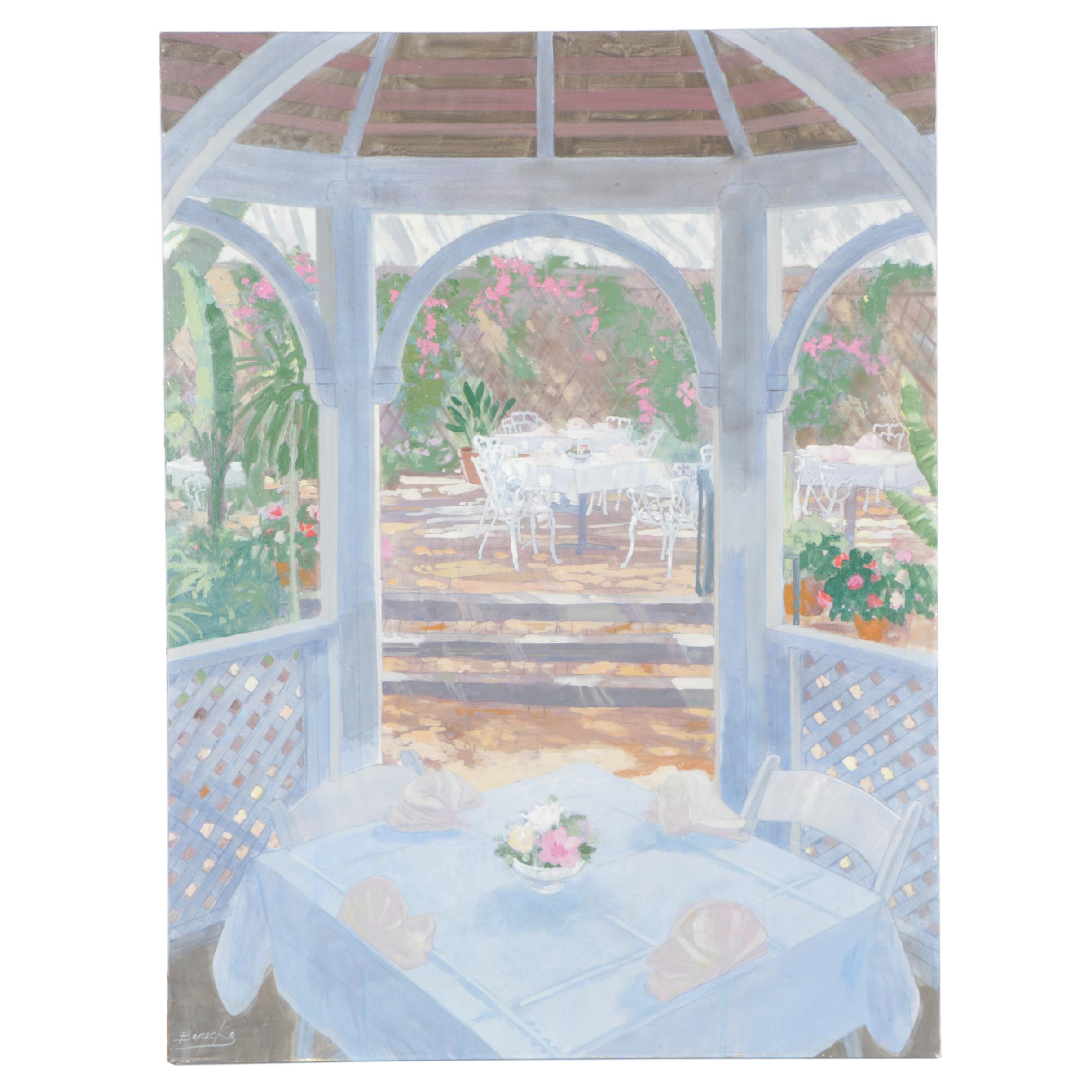 William Benecke Oil Painting on Canvas "Restaurant Patio, LaJolla"