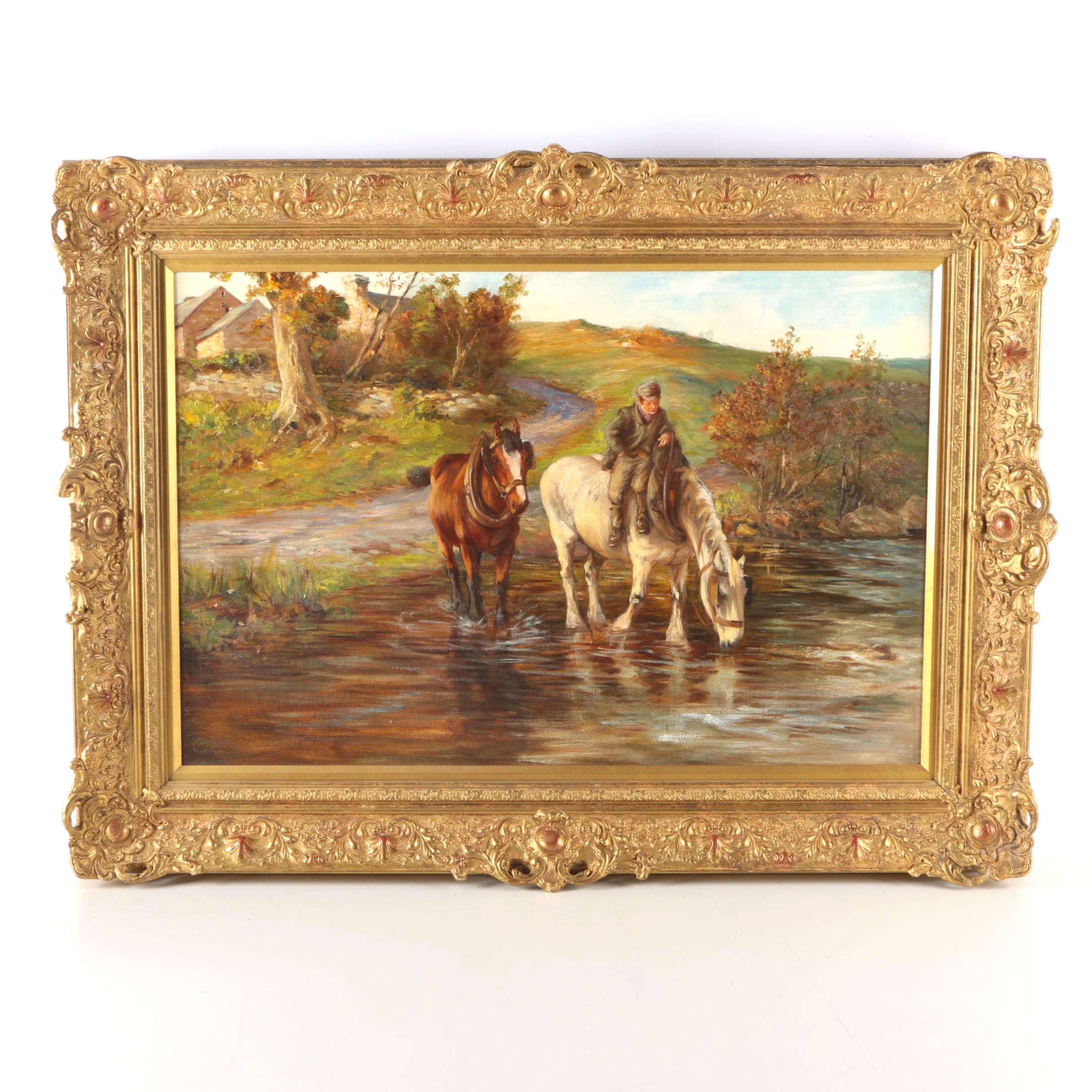 English Oil on Canvas Farm Landscape