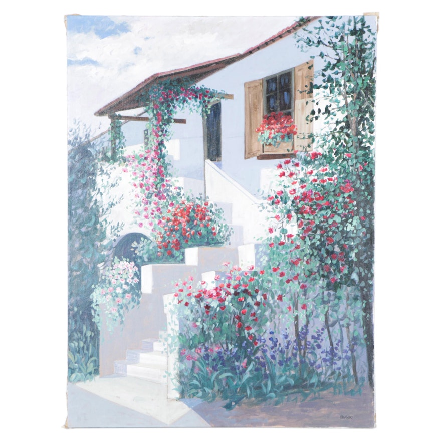 Brasseau Oil Painting on Canvas White House with Flowers