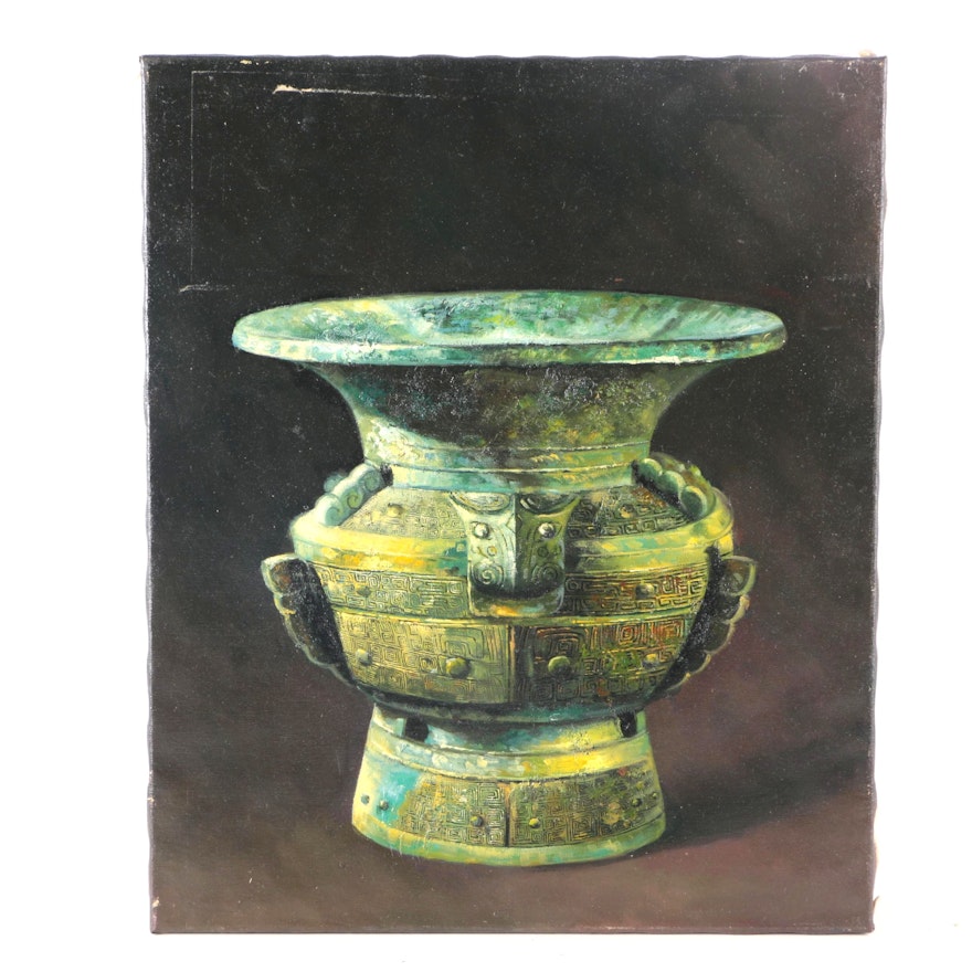Original Oil Painting Of Shang Dynasty Inspired Vase