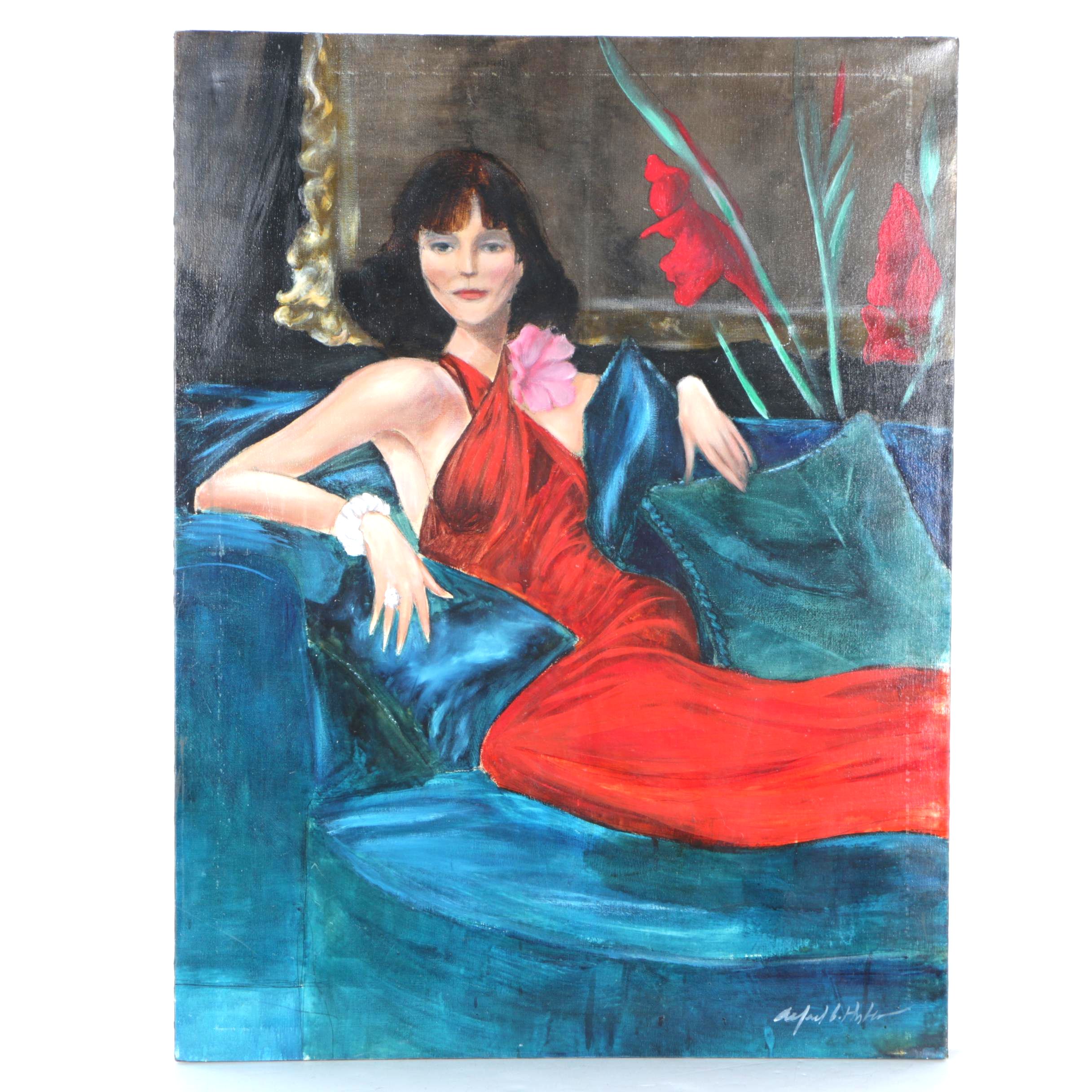 Alfred Huber "Lady in Red" Oil Painting on Canvas