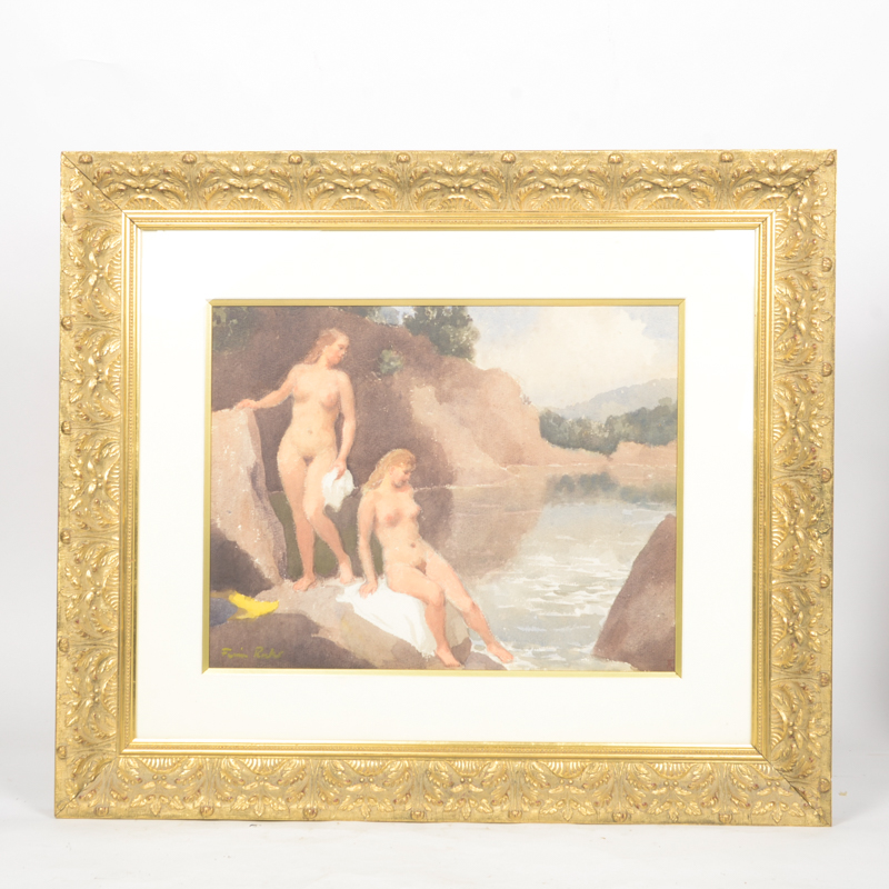 Fermin Rocker Mixed Media Painting on Paper of Nude Bathers