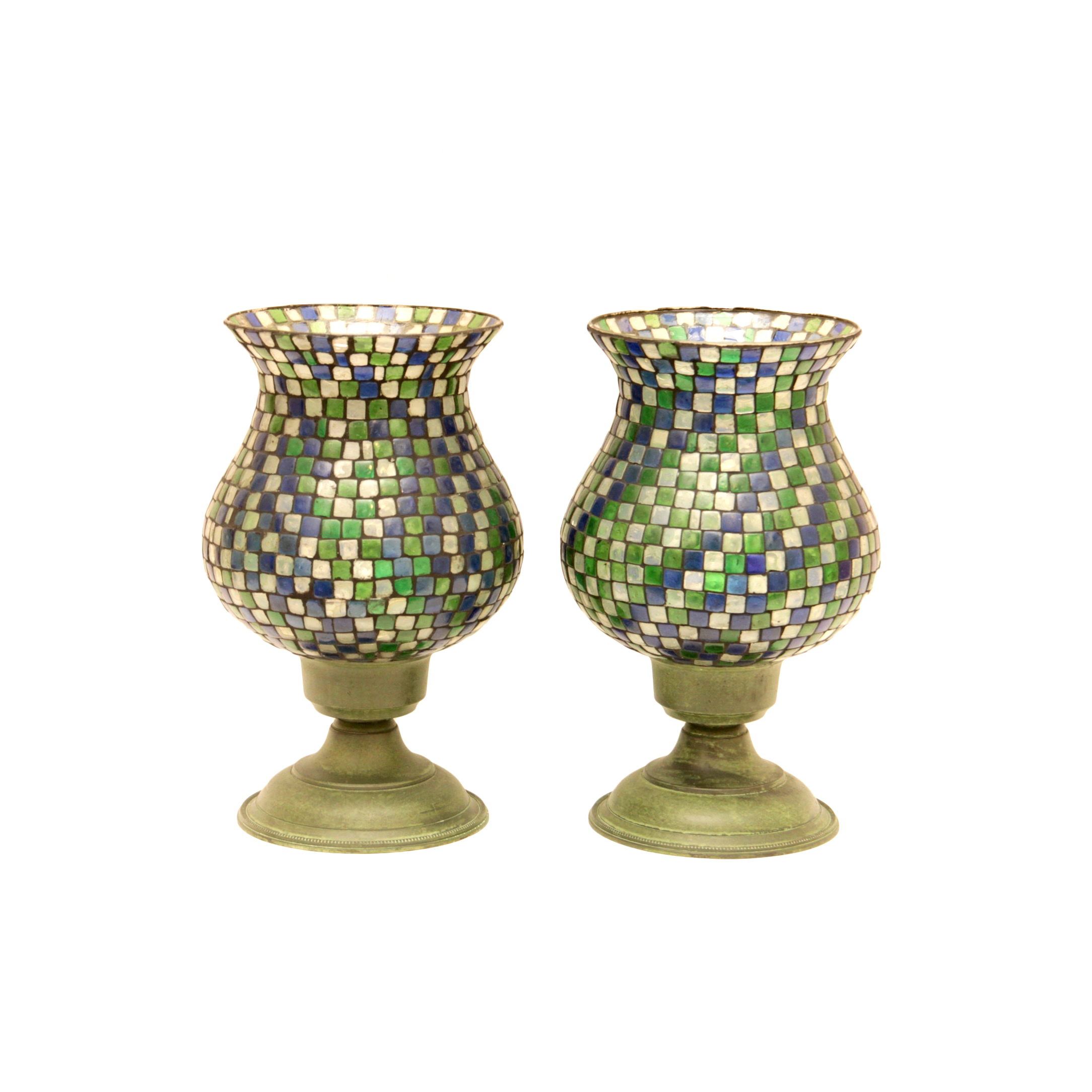 Pair of Checkerboard Mosaic Glass Candle Sconces.