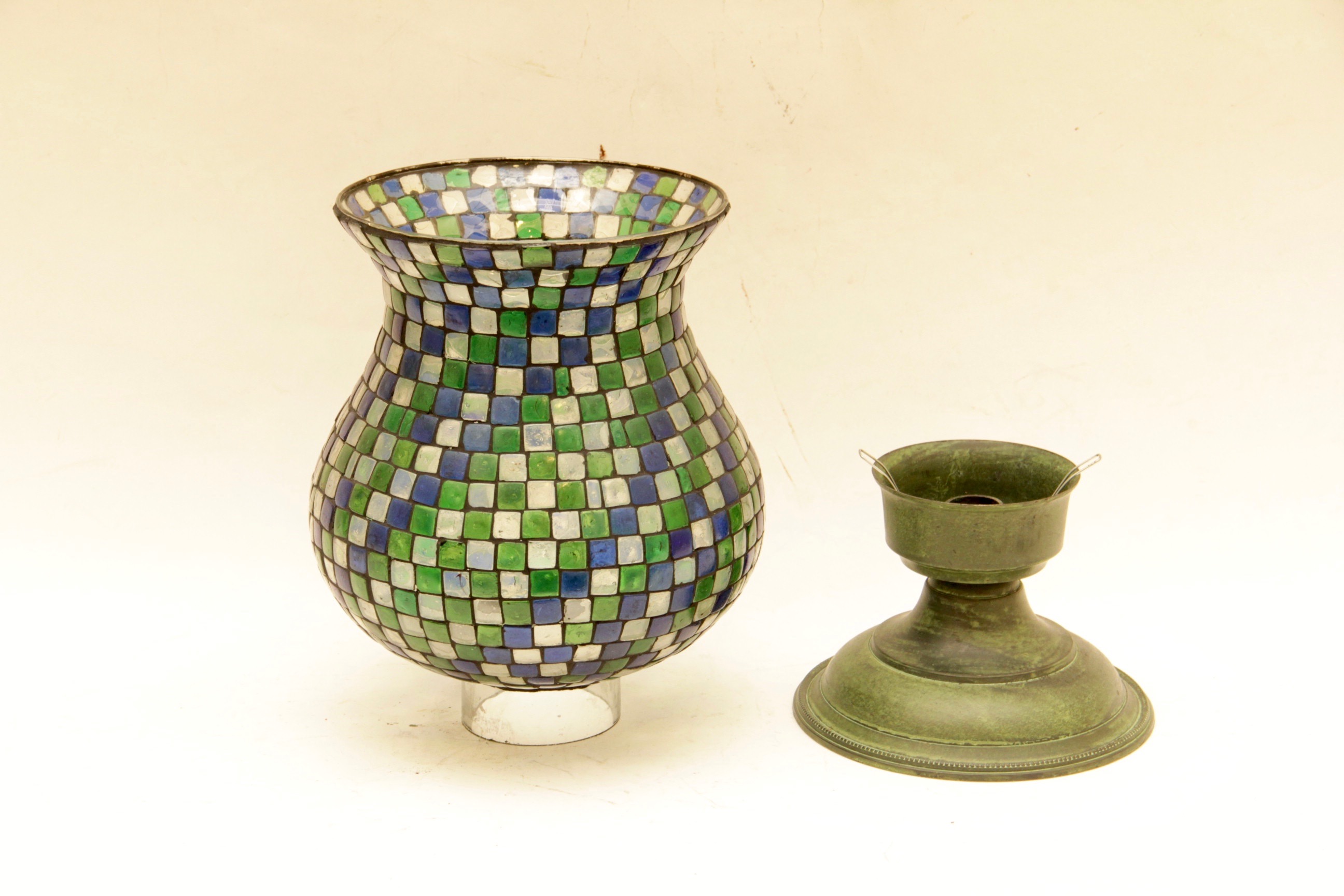 Pair of Checkerboard Mosaic Glass Candle Sconces.