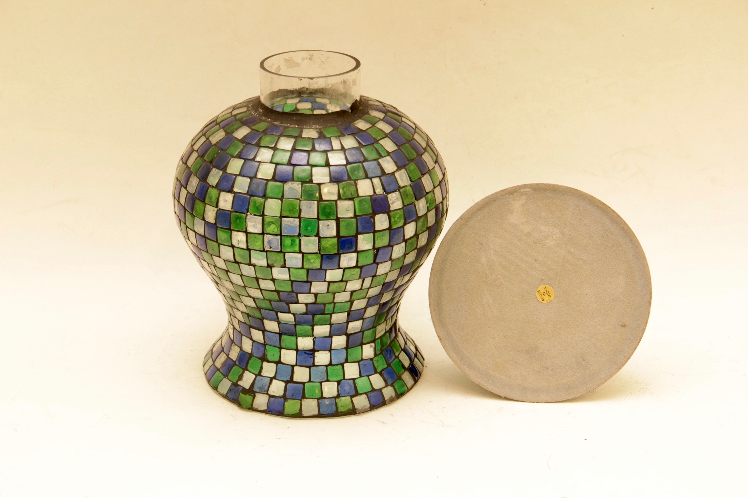Pair of Checkerboard Mosaic Glass Candle Sconces.