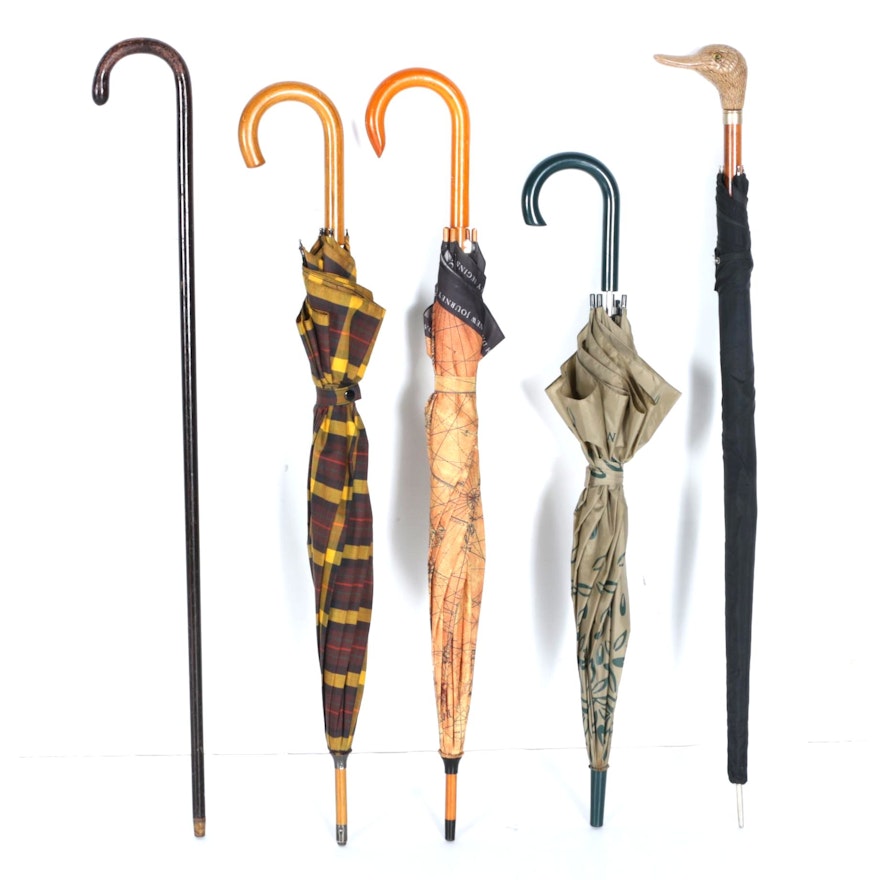 Collection of Vintage Umbrellas and Cane