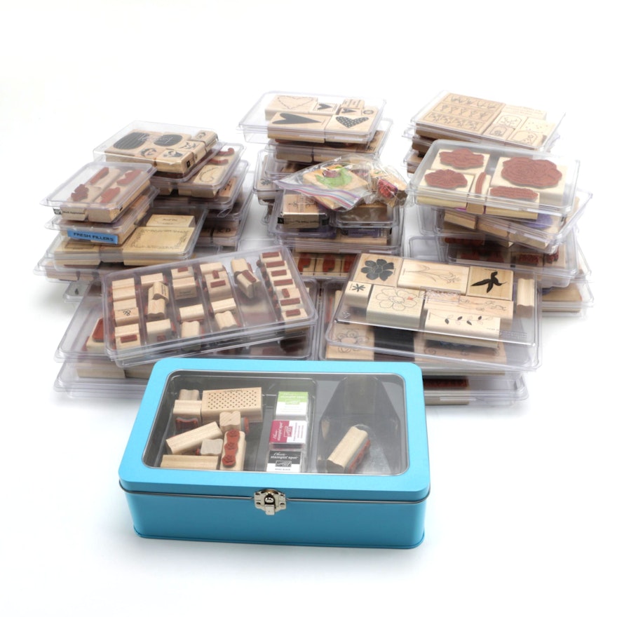 Large Collection of Rubber Stamp Kits and Metal Case