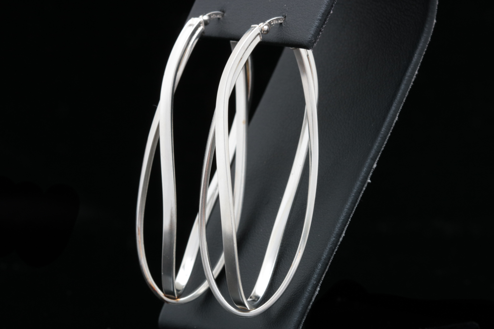 Sterling Silver Long Oval Hoop Earrings