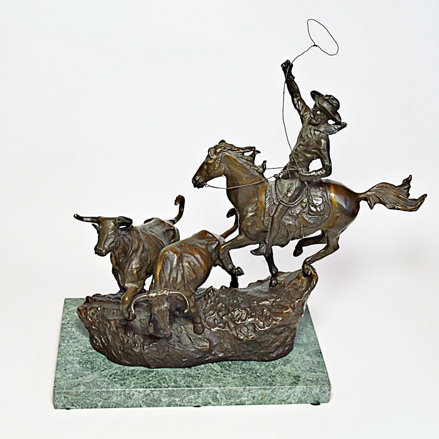 After Charles Russell Bronze Cowboy Sculpture