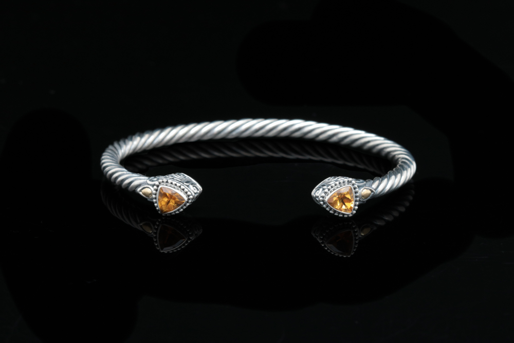 Robert Manse Sterling Silver, 18K Gold and Citrine Bangle Bracelet