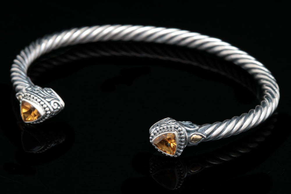Robert Manse Sterling Silver, 18K Gold and Citrine Bangle Bracelet