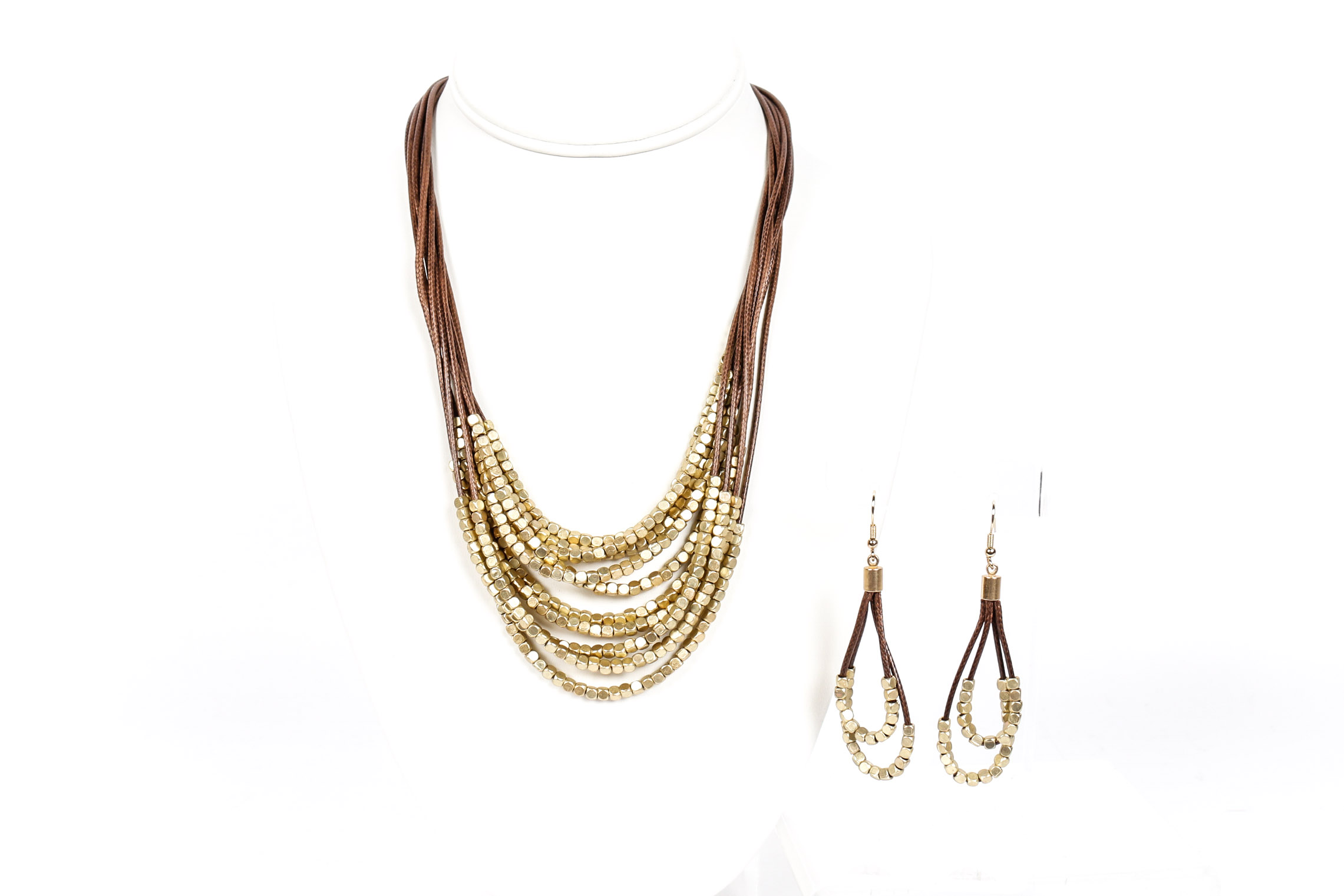 Leather and Brushed Cube Bead Necklace and Earrings