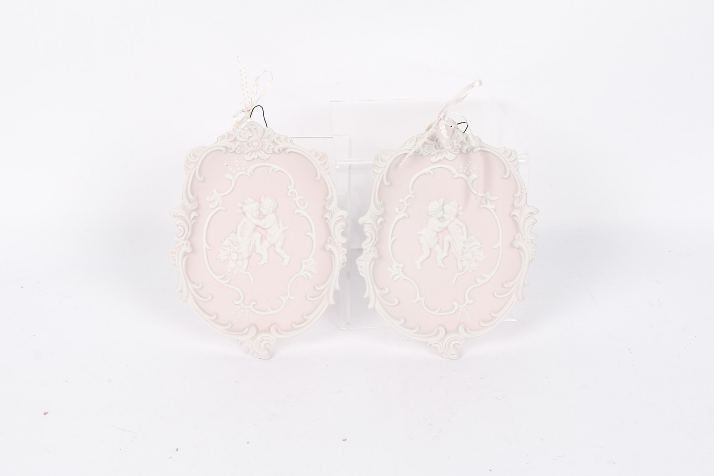Pair of Pink Arnart Jasperware-Style Wall Plaques